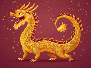 Fototapeta premium Golden dragon with maroon background and fiery details