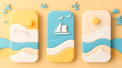 Naklejka premium Colorful abstract coastal scene with waves and sailboat design elements in a playful layout