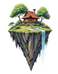House on a Floating Island with Waterfall