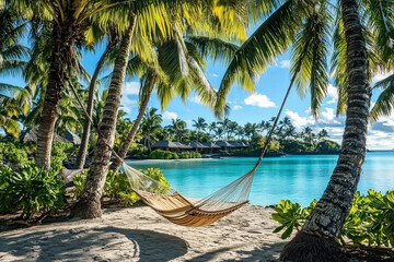 Fototapeta premium Relaxing hammock between palm trees by tranquil beach Generative Ai