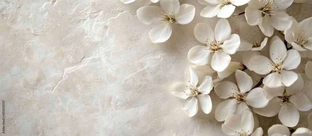 Poster textured white flowers close up on neutral background with ample copy space for elegant text or bran