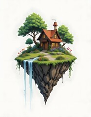 House on a Floating Island with Waterfall