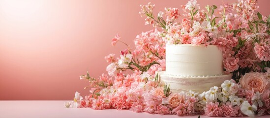 Elegant quinceanera cake adorned with floral accents and vibrant arrangements set against a soft pastel background with space for custom text