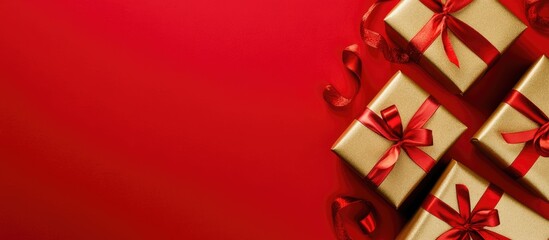 Elegant gold gift boxes adorned with vibrant red ribbons arranged on a rich red backdrop with ample space for personalized text and messages
