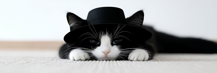Tuxedo Cat in a Hat,  A feline friend poses elegantly, resting on a soft surface, showcasing its charming tuxedo markings and stylish headwear.  Adorable pet portrait.