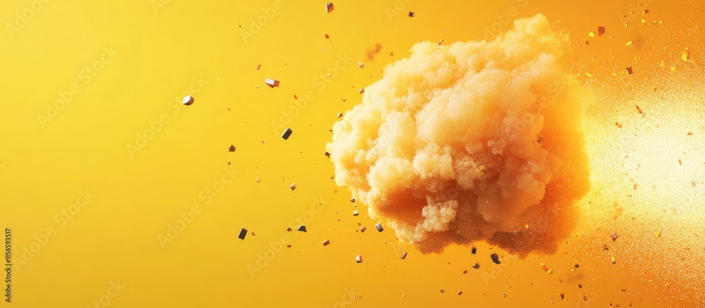 Poster dynamic explosion effect on vibrant yellow background with ample blank space for custom text or mess
