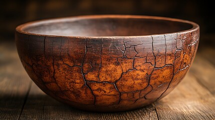 A Cracked Brown Clay Bowl Sits on Wood