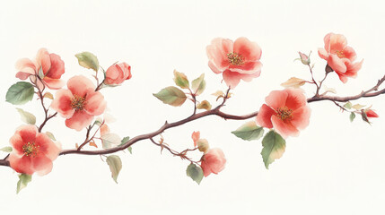 Fototapeta premium Delicate floral branch with pink blossoms and green leaves