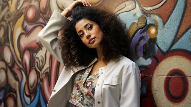 A woman with curly brown hair sits in front of a colorful graffiti wall, wearing a white shirt and khaki pants. She looks directly at the camera with a serious expression