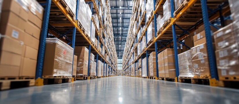 Efficient warehouse management showcasing organized storage with empty space for text on supply chain logistics and real-time data tracking - Powered by Adobe