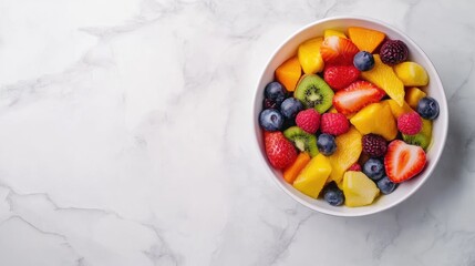 Colorful seasonal fruit salad in a white bowl on marble countertop with ample empty space for text or marketing purposes
