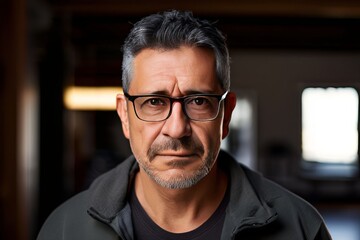 a close up of a middle aged hispanic man with glasses looking de