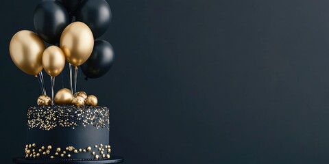 Elegant birthday cake adorned with black and gold balloons against a navy backdrop perfect for chic celebrations with copy space for text.