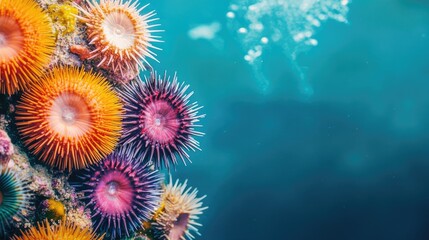 Colorful underwater scene featuring vibrant sea urchins with spines and ample space for text or captions in a serene ocean environment