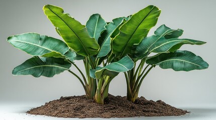 Lush green tropical plants in soil.