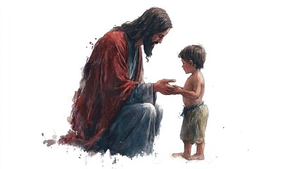 Joyful Moment: Watercolor Illustration of Jesus Christ with Happy Child Boy, Isolated on White Background