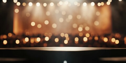 Elegant award ceremony with blurred stage and audience creating a sophisticated atmosphere perfect for text placement and announcements