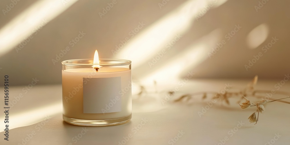 Poster elegant aromatic candle with minimalistic label casting soft shadows on a neutral background featuri