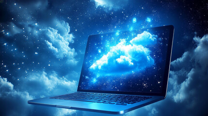 Dialogue clouds on laptop screen. Low-poly vector wireframe illustration in starry sky and cosmos style.  Digital Technology and devices concept. Abstract Social Network or Chat theme in blue color. 