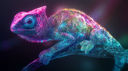 Hologram chameleon. A chameleon of polygons, triangles, points, and lines. Lizard low-poly compound structure. The technology concept.