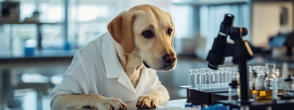 Dog in lab coat conducting research on artificial intelligence with blank space for text in modern laboratory setting