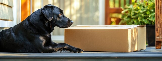 Loyal dog waiting beside large parcel box on porch ready for delivery with clear space for text or messaging copy