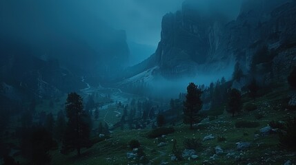 Obraz premium Misty mountain valley at twilight. Dark blue hues, fog, trees, rocks, and a tranquil atmosphere.