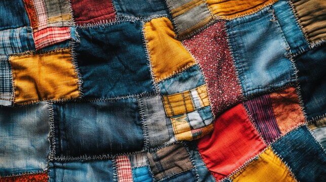 Denim patchwork fabric texture ideal for summer fashion showcasing vibrant colors and patterns with ample space for creative text placement