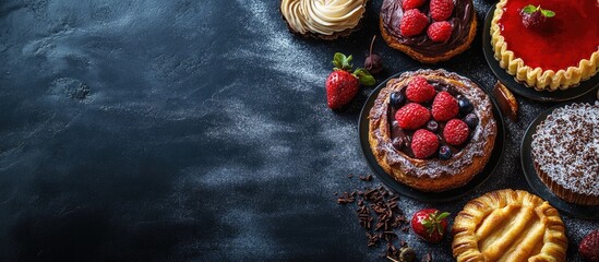 Assorted gourmet pastries and cakes on a dark surface with copy space for culinary advertising or bakery promotions