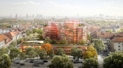 Obraz premium A modern architectural rendering featuring a multi-story building surrounded by green trees and urban landscape.