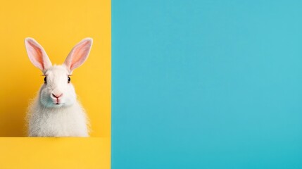 Obraz premium Easter Bunny Rabbit Holding Signboard on Yellow and Blue Banner Background