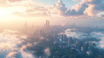 Fototapeta premium A breathtaking aerial view of a city skyline at sunrise, surrounded by clouds and greenery, showcasing towering buildings and a serene atmosphere.