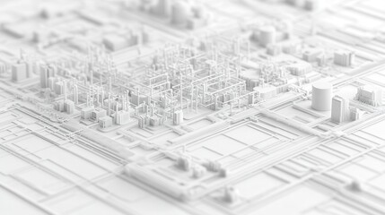 A detailed, monochromatic 3D model of an urban landscape featuring buildings, roads, and infrastructure elements, emphasizing design and planning concepts.