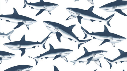 Vector seamless pattern of sharks. Sharks are located randomly on a white background.