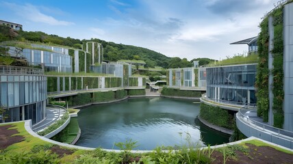 Obraz premium A photo of a futuristic eco-city with green roofs and vertical gardens. The city is built on a hill, with the lower levels housing a large water reservoir. The reservoir is surrounded by buildings wit