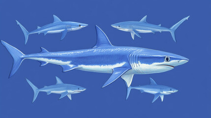 Fototapeta premium Vector seamless pattern of sharks. Sharks are located randomly on a blue background.