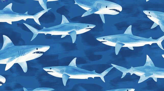 Vector seamless pattern of sharks. Sharks are located randomly on a blue background.