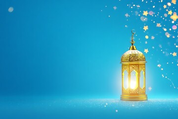 Illuminated Lantern at Night with copy space, Perfect for Ramadan Stock Photo. A beautiful, illuminated lantern, reminiscent of a traditional Middle Eastern design