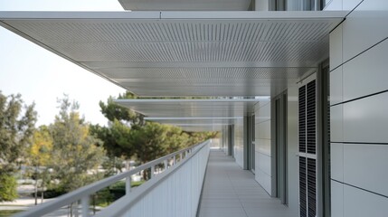 Fototapeta premium A modern balcony features sleek lines and a shaded overhang, surrounded by greenery and an inviting atmosphere.