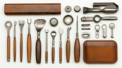 A collection of vintage tools arranged systematically on a surface, showcasing a mix of metal and wooden handles.