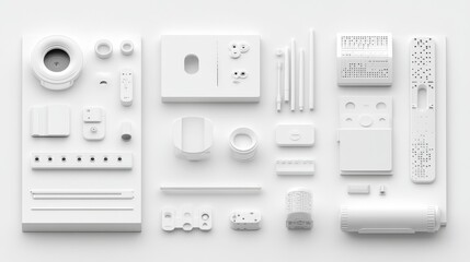 A minimalist arrangement of white electronic components and accessories on a light background, showcasing modern design and functionality.