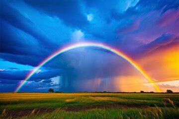 Obraz premium a rainbow after the rain a vibrant rainbow arches across the sky