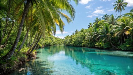 Obraz premium Serene tropical lagoon surrounded by lush palm trees