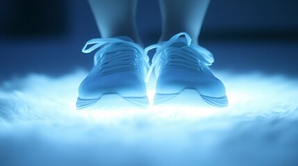 A pair of illuminated sneakers glowing in a soft light, creating a captivating effect against a dark background.