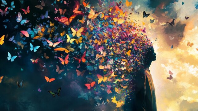Colorful butterflies emerging from a person's head, symbolizing transformation and freedom.