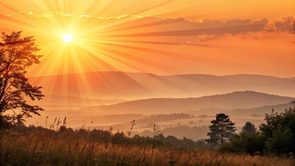 Majestic sunrise over rolling hills and valleys