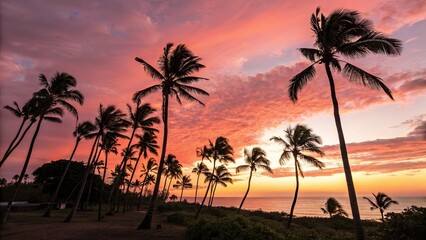 Obraz premium Tropical sunset with silhouetted palm trees by the ocean