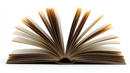 An open book displaying pages fanned out, showcasing its textured paper and spine against a plain background.