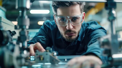 A focused technician examines machinery in a workshop setting.