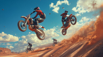 Naklejka premium Motocross is falling apart. Motorcyclist rides on the rear wheel.